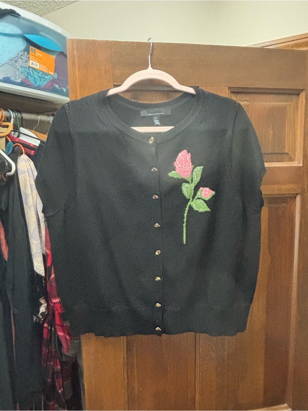WHBM Black Rose Embellished Short-Sleeve Cardigan – XL
